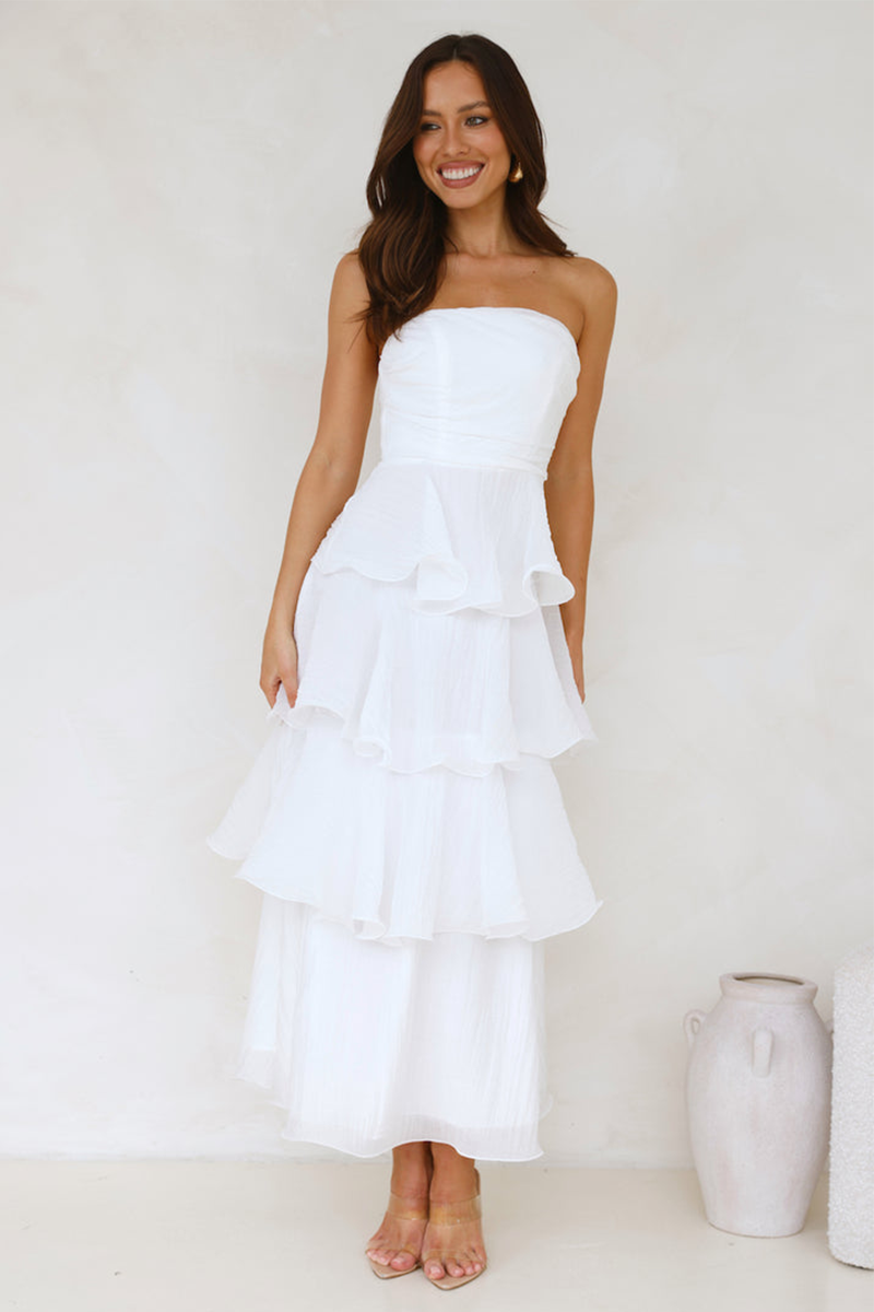 Strapless A-Line Layered Ruffled Hem Maxi Dresses-White-Hayhty.All Rights Reserved.