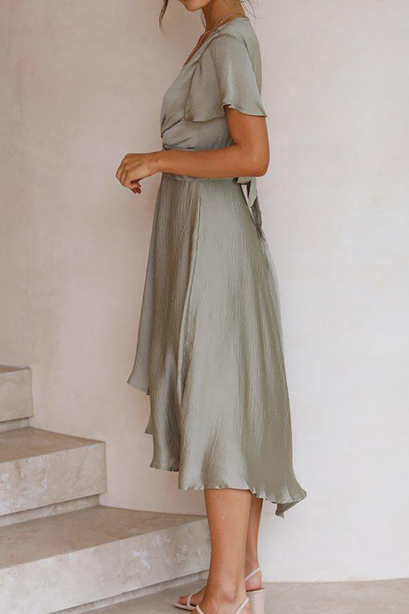 Deep V Neck Petal Sleeve Cut Out Irregular Hem Flowy Midi Dress-Hayhty.All Rights Reserved.
