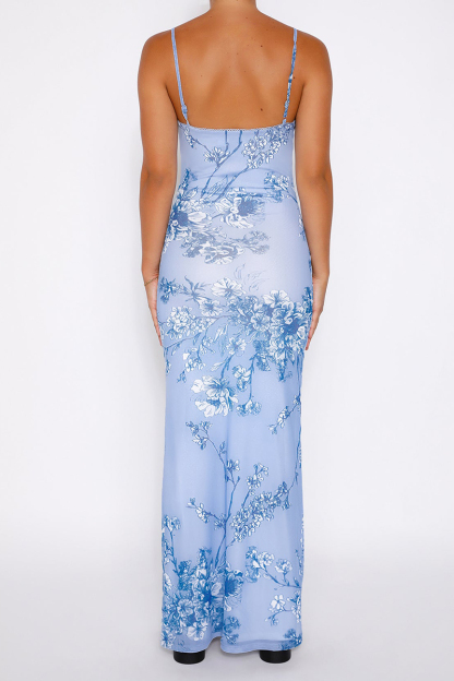 V Neck Floral Print Slim-Fit Slip Maxi Dresses-Blue-Hayhty.All Rights Reserved.