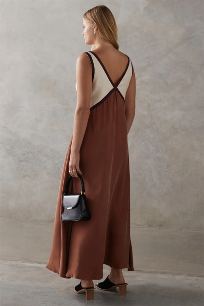 Deep V Neck Colorblock Loose Fit Maxi Tank Dresses-Green-Hayhty.All Rights Reserved.