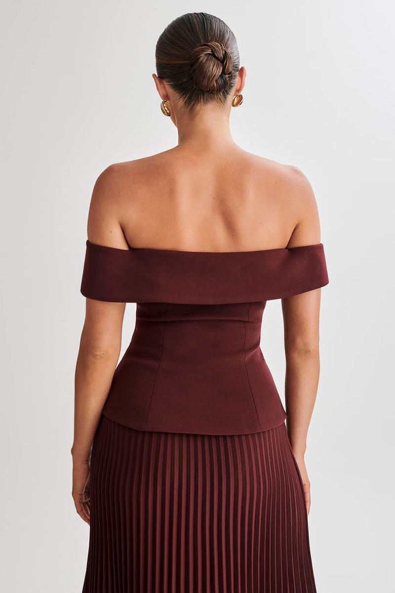 Off Shoulder Double Breasted Top Pleated Mini Skirt Matching Set-Burgundy-Hayhty.All Rights Reserved.