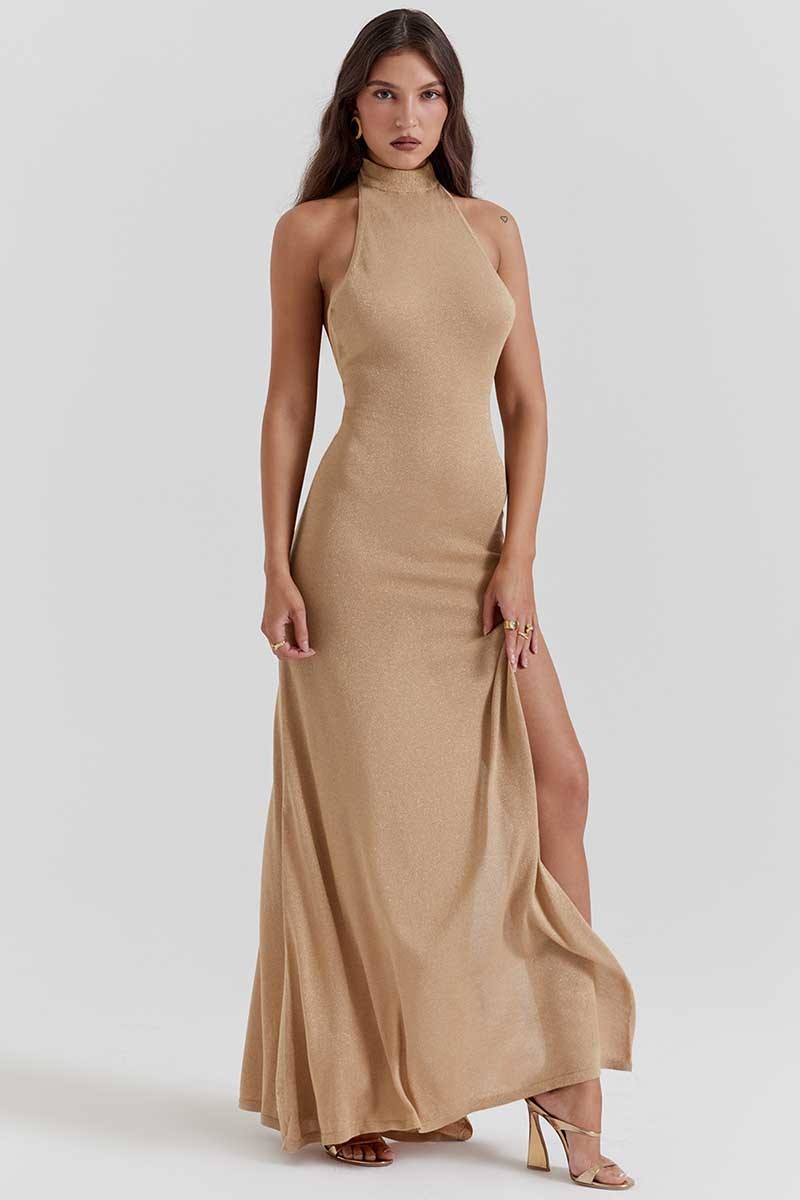 Stand Collar Backless High Slit Party Maxi Dresses-Khaki-Hayhty.All Rights Reserved.