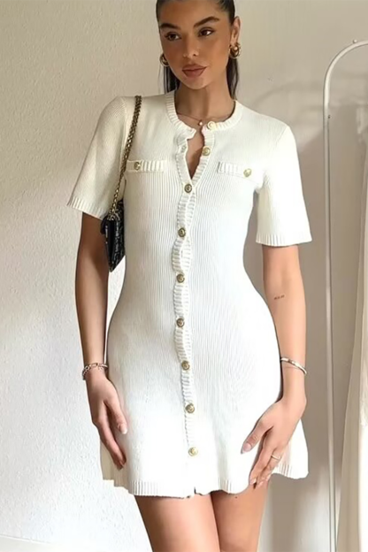 Knit Round Neck Short Sleeve Button Up Plain Mini Dresses-White-Hayhty.All Rights Reserved.
