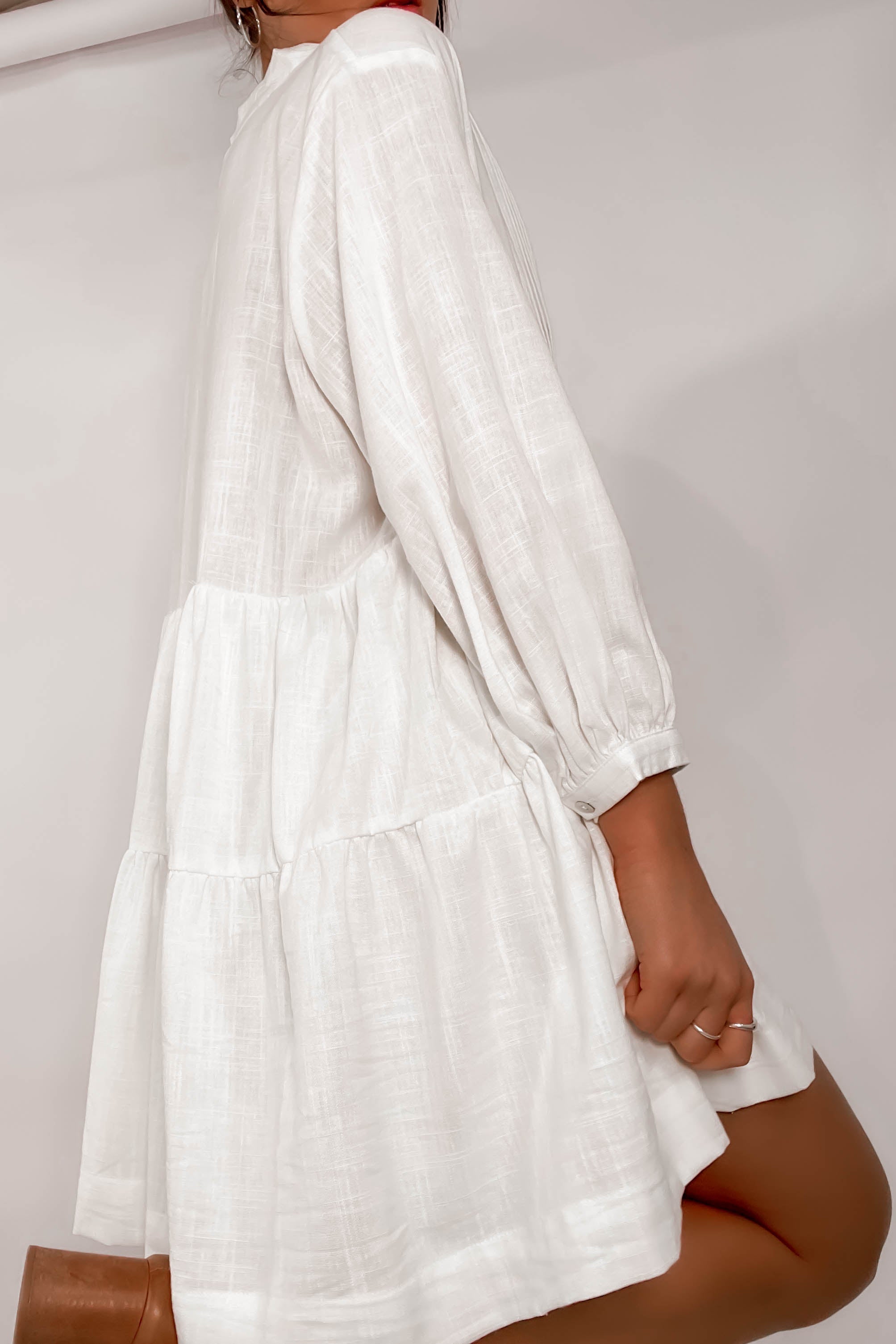 Long Sleeve Button White Mini Dresses-Hayhty.All Rights Reserved.