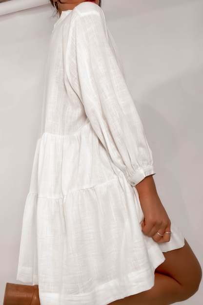 Long Sleeve Button White Mini Dresses-Hayhty.All Rights Reserved.