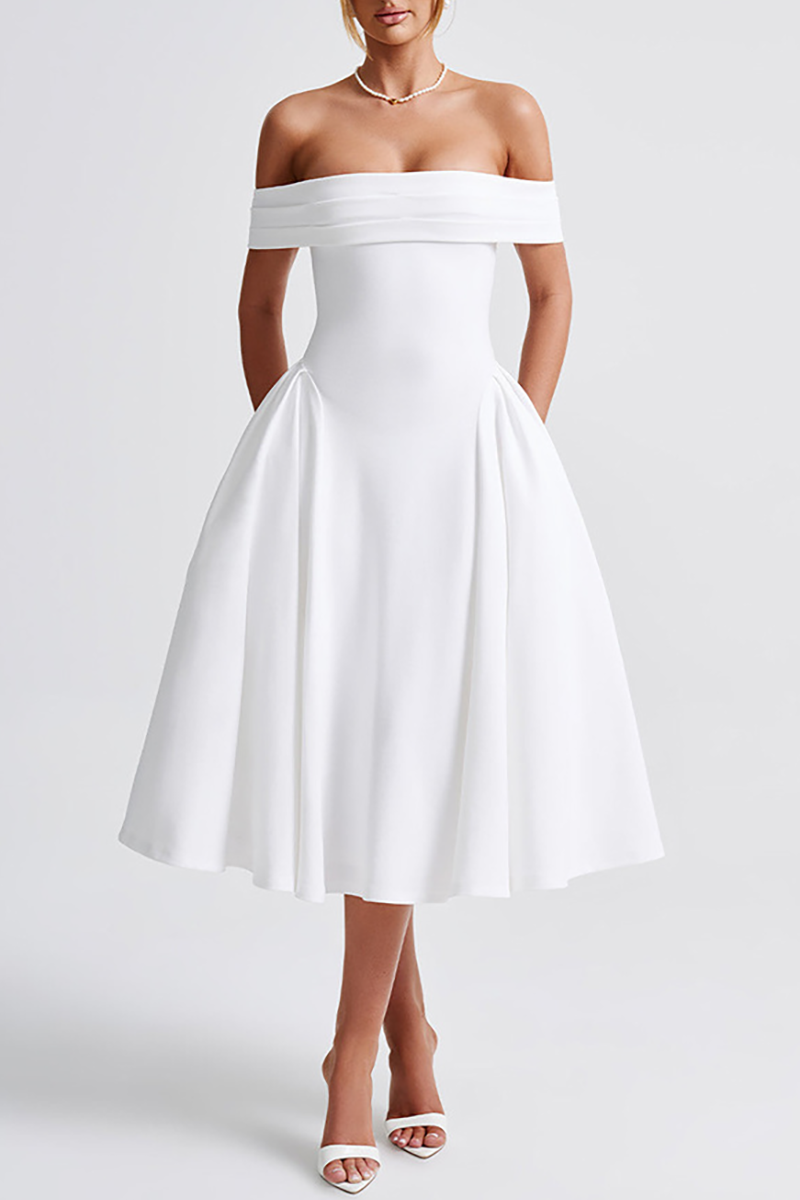 Boat Neck Draped Shoulder Cinch Waist Plain Gowns Midi Dresses-Black-Hayhty.All Rights Reserved.