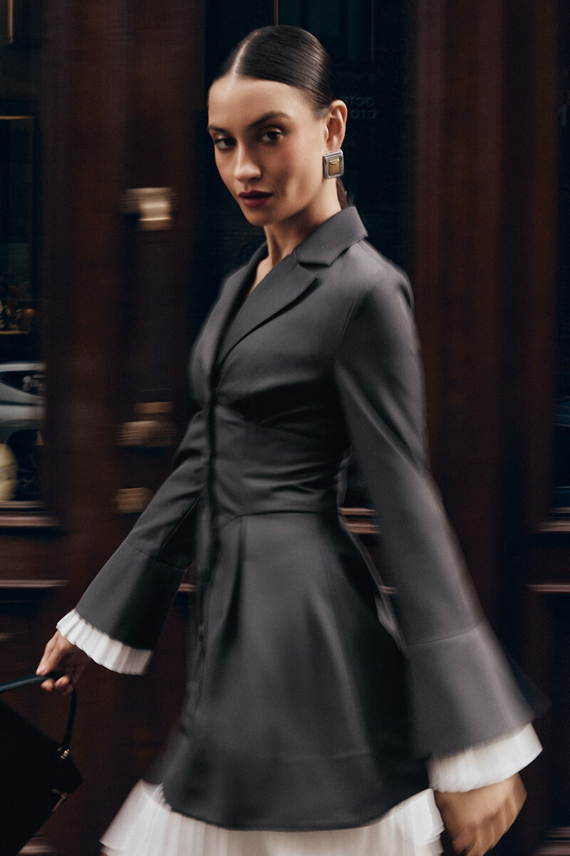 Long Sleeve Button Up Colorblock Pleated Blazer Mini Dresses-Grey-Hayhty.All Rights Reserved.