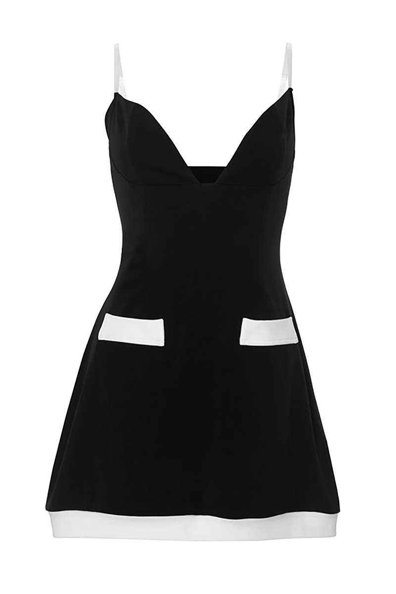 Deep V Neck Colorblock A-Line Slip Mini Dresses-Black-Hayhty.All Rights Reserved.