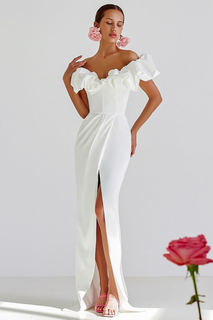 Puffy Ruffled Trim Off Shoulder Corset Slit Formal Party Maxi Dresses-White-Hayhty.All Rights Reserved.