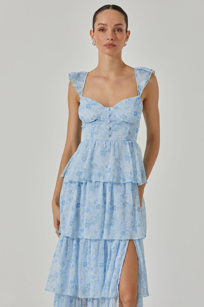 Ruffled Straps Tiered Flounced Slit Maxi Dresses-Blue-Hayhty.All Rights Reserved.