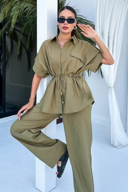 Half Sleeve Drawstring Tie Up Blouse Straight Leg Pants Matching Set-White-Hayhty.All Rights Reserved.
