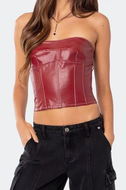 PU Leather Back Lace Up Strapless Crop Corset-Burgundy-Hayhty.All Rights Reserved.