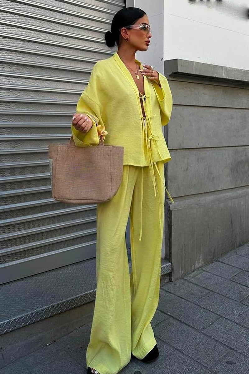 Front Tie Up Long Sleeve Top Solid Color Wide Leg Pants Matching Set-Yellow-Hayhty.All Rights Reserved.