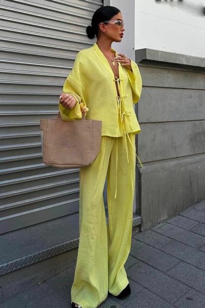 Front Tie Up Long Sleeve Top Solid Color Wide Leg Pants Matching Set-Yellow-Hayhty.All Rights Reserved.