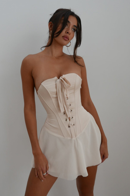 Strapless Lace Up Corset Ruffle Mini Dresses-Hayhty.All Rights Reserved.