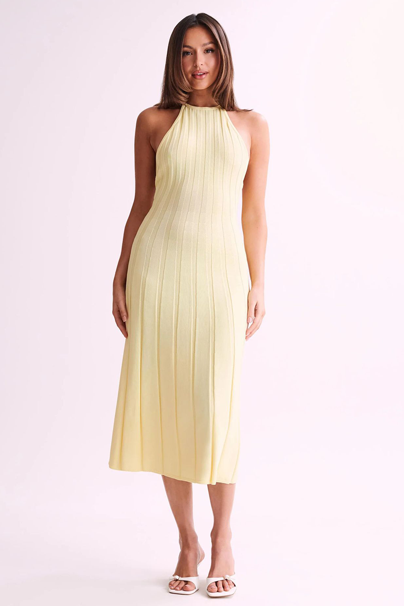 Solid Color Pleated Knit Open Back Halter Midi Dresses-White-Hayhty.All Rights Reserved.