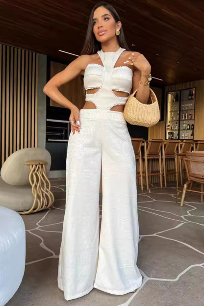 Irregular Cutout Halter Neck Jacquard Wide Leg Jumpsuit-White-Hayhty.All Rights Reserved.