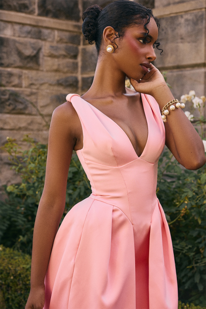 Deep V Neck Cinch Waist Satin Midi Tank Dresses-Pink-Hayhty.All Rights Reserved.