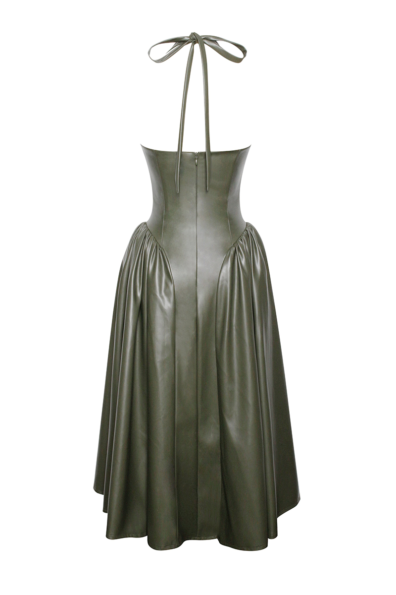 Halter Neck Corset Design Pleated Vegan Leather Midi Dresses-Olive-Hayhty.All Rights Reserved.