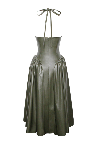 Halter Neck Corset Design Pleated Vegan Leather Midi Dresses-Olive-Hayhty.All Rights Reserved.