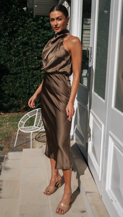 Turtleneck Sleeveless Satin Midi Dresses-Hayhty.All Rights Reserved.