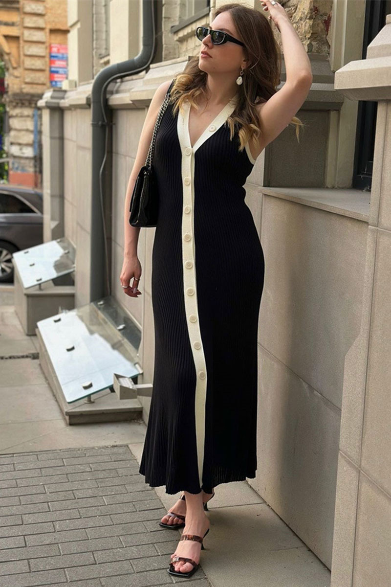 Colorblock Button-Up V Neck Sleeveless Knit Maxi Dresses-White-Hayhty.All Rights Reserved.
