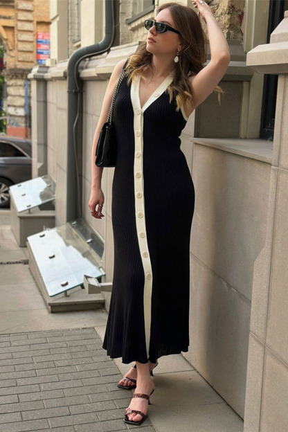 Colorblock Button-Up V Neck Sleeveless Knit Maxi Dresses-White-Hayhty.All Rights Reserved.