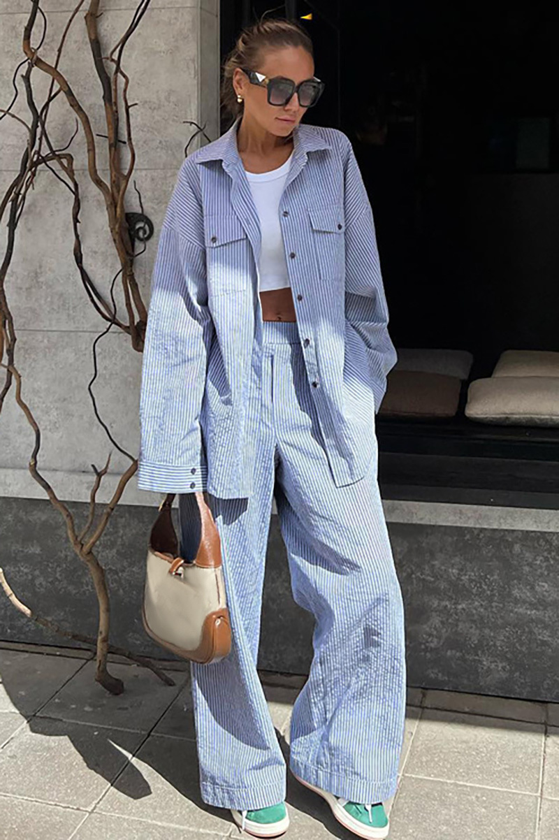 Pinstripe Turndown Collar Blouse Wide Leg Pants Matching Set-Blue-Hayhty.All Rights Reserved.