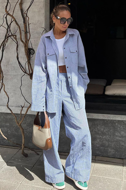 Pinstripe Turndown Collar Blouse Wide Leg Pants Matching Set-Blue-Hayhty.All Rights Reserved.