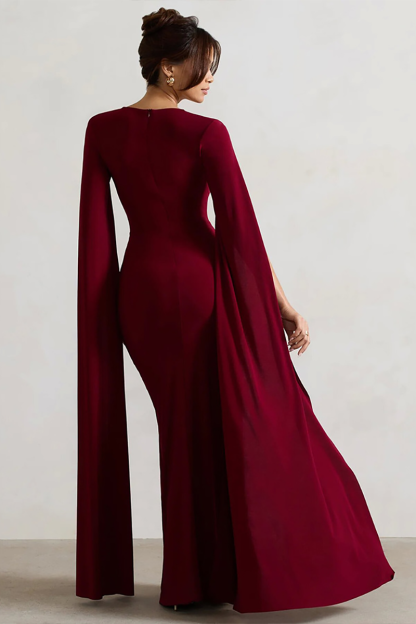 Boat Neck Caped Sleeve Ruched Bodycon Slit Gowns Maxi Dresses-Burgundy-Hayhty.All Rights Reserved.