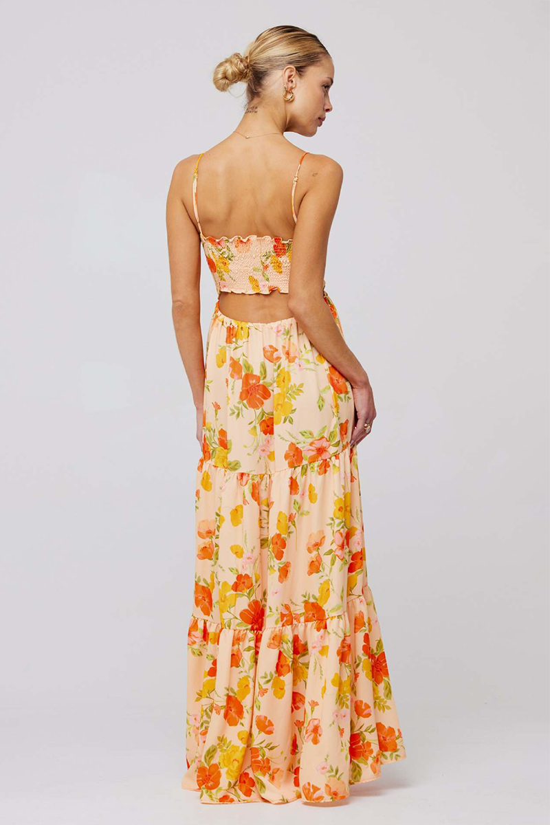 Floral Print Front Tie Up Spaghetti Strap Flowy Maxi Dresses-Orange-Hayhty.All Rights Reserved.
