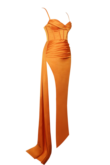 High Slit Irregular Neckline Satin Gown Slip Maxi Dresses-Hayhty.All Rights Reserved.