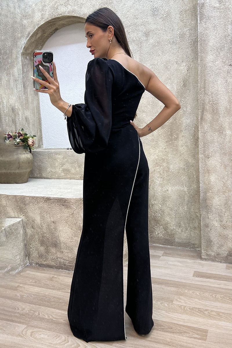 One Shoulder Single Lantern Sleeve Irregular Trim Flared Leg Jumpsuit-Black-Hayhty.All Rights Reserved.