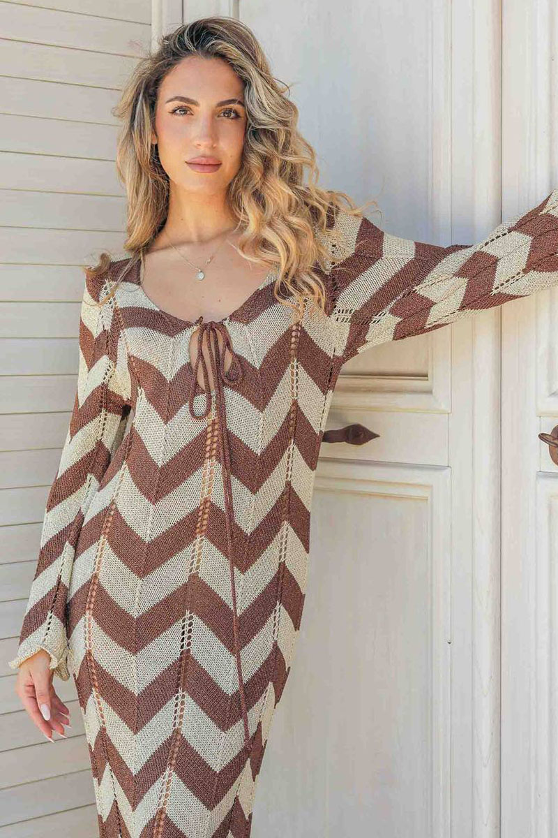 Colorblock Wavy Crochet Long Sleeve Vacation Cover-Up Maxi Dresses-Black-Hayhty.All Rights Reserved.