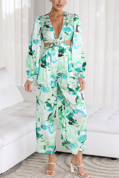 Floral Print Deep V Neck Cutout Flare Long Sleeve Ring Decor Wide Leg Vacation Jumpsuit-Hayhty.All Rights Reserved.