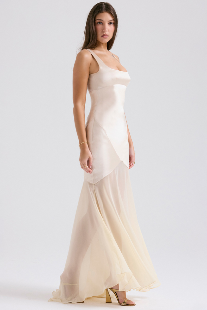 Square Neck Satin Patchwork Bodycon Fishtail Hem Gowns Slip Maxi Dresses-Blue-Hayhty.All Rights Reserved.