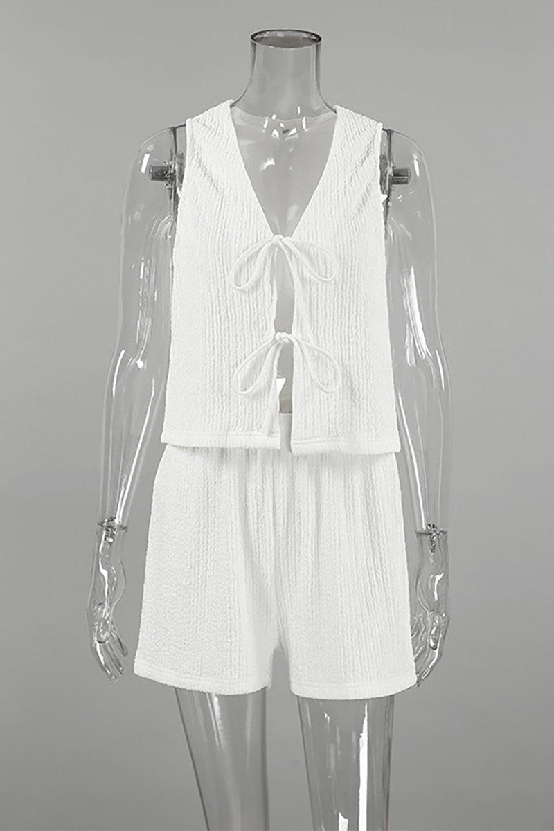 V Neck Tie Up Crop Tank Top Textured Shorts Matching Set-White-Hayhty.All Rights Reserved.