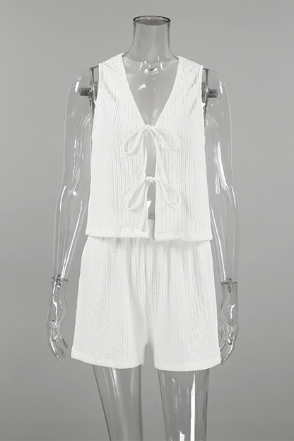 V Neck Tie Up Crop Tank Top Textured Shorts Matching Set-White-Hayhty.All Rights Reserved.