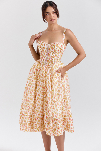 Floral Print Corset Lace Up Split Vacation Midi Dresses-Yellow-Hayhty.All Rights Reserved.