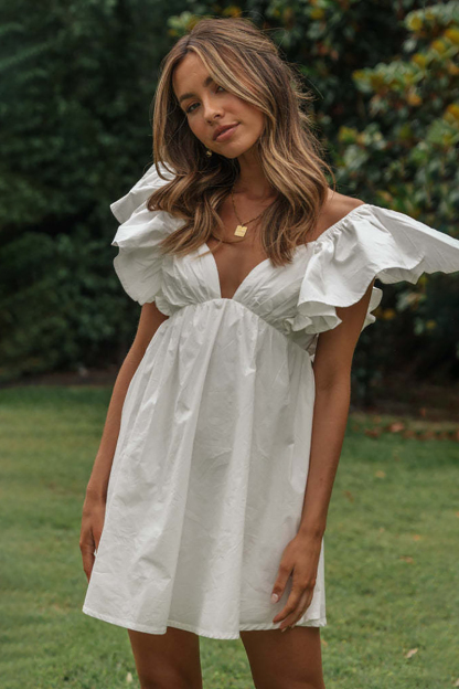 Deep V Neck Ruffle Short Sleeve Bow Cut Out A-Line Mini Dress-Hayhty.All Rights Reserved.