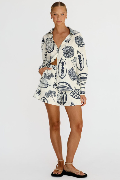 Floral Fruit Print Long Sleeve Shirt Casual Short Two Piece Set-Hayhty.All Rights Reserved.