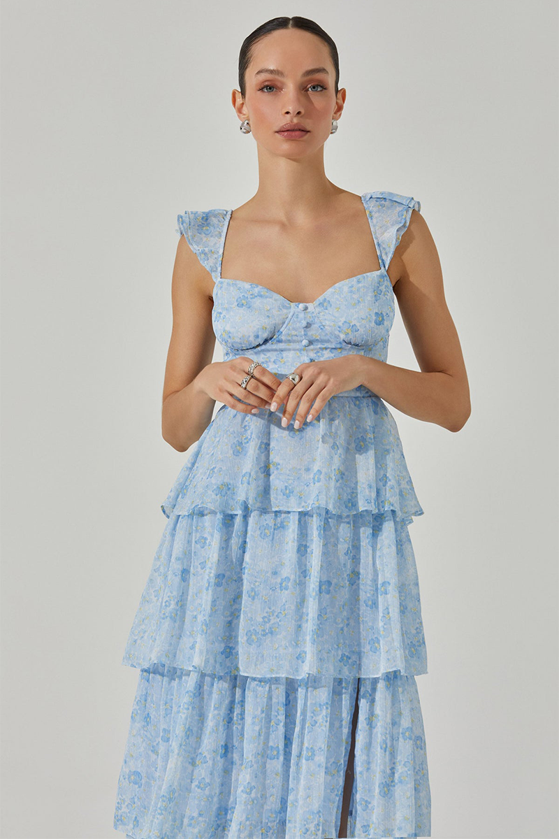 Ruffled Straps Tiered Flounced Slit Maxi Dresses-Blue-Hayhty.All Rights Reserved.