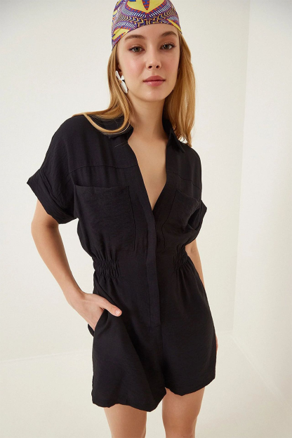 Turndown Collar Short Sleeve Pockets Solid Color Casual Playsuit Romper-Khaki-Hayhty.All Rights Reserved.