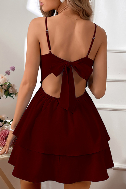 Cami Boat Neck Backless Cutout Bow Knotted Tiered Ruffle White Mini Dresses-Hayhty.All Rights Reserved.