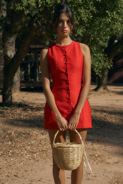 Round Neck Button Up Bodycon Plain Mini Tank Dresses-Red-Hayhty.All Rights Reserved.