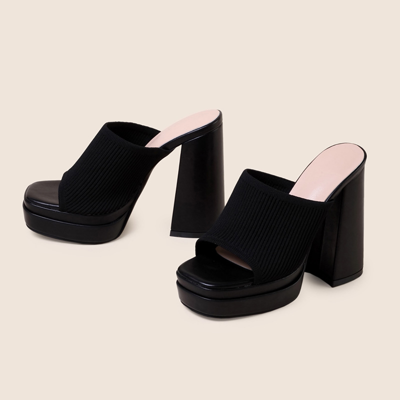 Knit Patchwork Square Toe Platform Chunky Heels-Blue-Hayhty.All Rights Reserved.