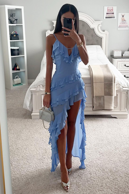 Deep V Neck Asymmetric Flounced Irregular Maxi Strappy Dresses-Blue-Hayhty.All Rights Reserved.