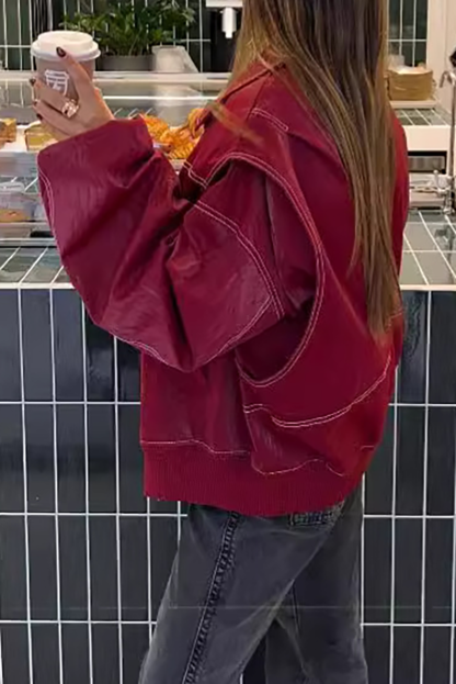 Sewing Trim Turndown Collar Long Sleeve PU Leather Loose Fit Jacket-Brown-Hayhty.All Rights Reserved.