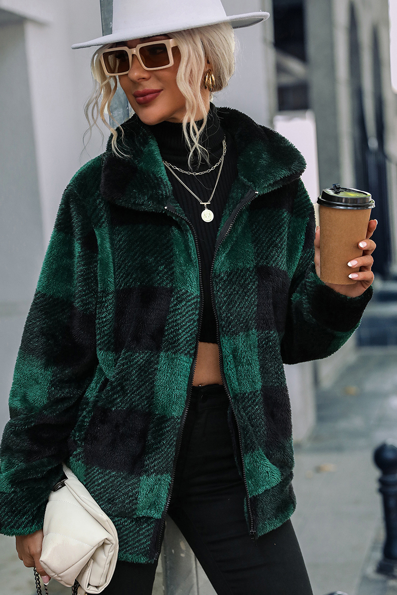 Faux Fur Plaid Turndown Collar Zipper Jacket-Hayhty.All Rights Reserved.