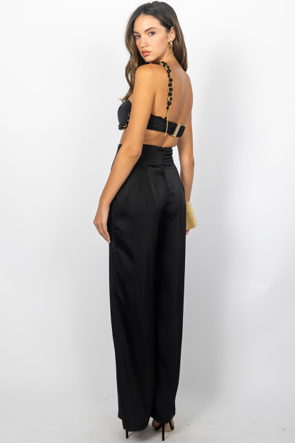 Chain Wrapped Beads One Shoulder Top Wide Leg Pants 2pcs Set-Black-Hayhty.All Rights Reserved.